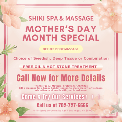 Mother's Day Month Special
Deluxe Body Massage
Choice of Swedish, Deep Tissue or Combination
Free Oil & Hot Stone Treatment