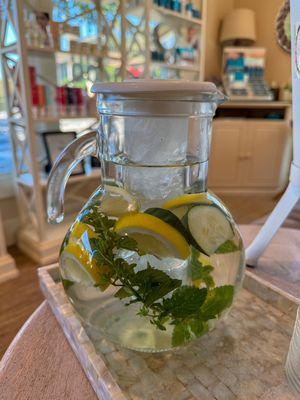 Refreshing spa water with a splash of lemon, cucumber, and homegrown mint.