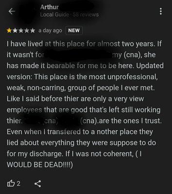 A REAL review from a patient.  He even received 2 thumbs up. How many thumbs up did the staff get for posting their fake reviews?