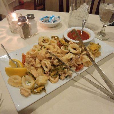 Fried calamari with hot cherry peppers. Great quality and quantity!!!