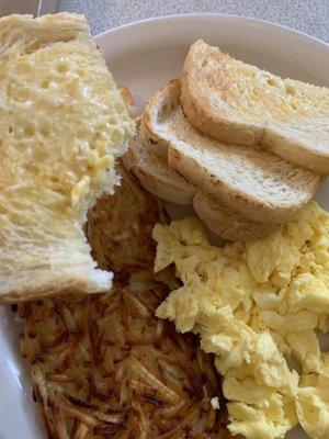 Eggs, toast, hash browns.