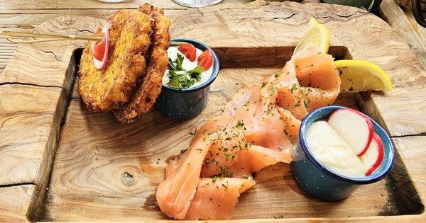 Crispy potato cakes and smoke salmon. A good dish too