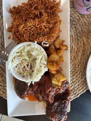 Joloff rice, beef, fried plantain.