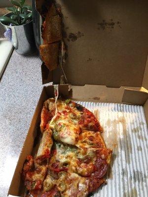 Our pizza was all smashed up in the box and stuck to the lid. We will never go here again! They don't seem to care about customer service.