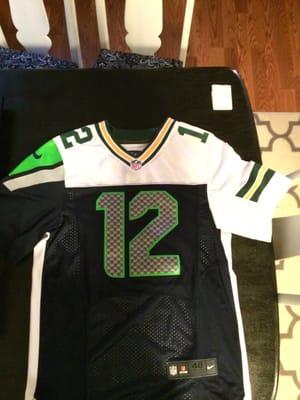 Kimberley was able to take my idea of sewing together two jerseys to create a half Packers, half Seahawks jersey! It's perfect!