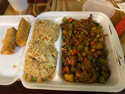 Kung Po beef.  Two spring rolls. Fried rice.