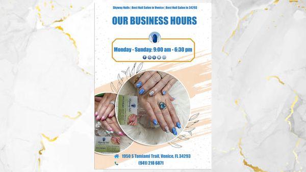 Skyway Nails is a great choice for anyone looking for high-quality nail services at convenient hours.