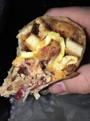 Breakfast wrap chicken cutlet, bacon, egg, cheese with chipotle mayo.