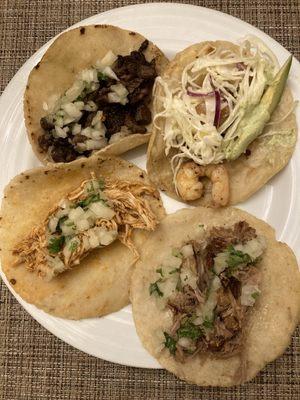 Tacos:  pollo tinga, carne asada, carnitas, camaron