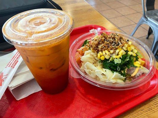 Three Poki Bowl with 3 Scoops Protein and Thai Tea