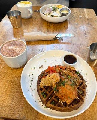 Chai turmeric latte, hot chocolate, fried chicken & waffle