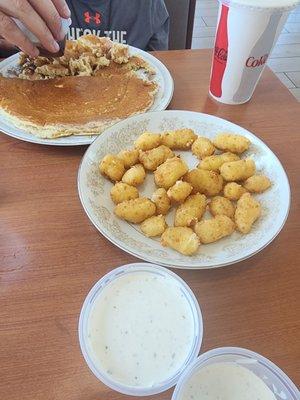 Cheese curds, homemade ranch and a pancake