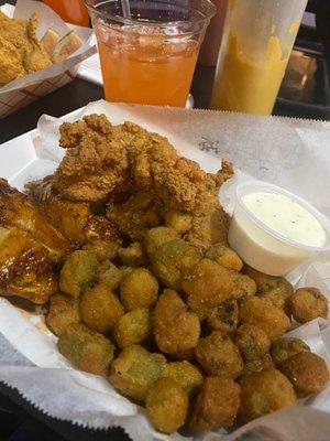 Sweet heat and battered plain wings and fried okra.