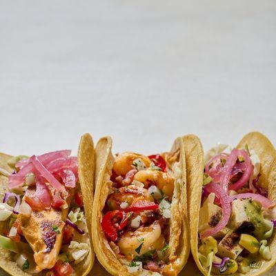 Seaside Mahi Taco, Quesa Shrimp Taco, Grilled Chipotle-Lime Chicken Taco