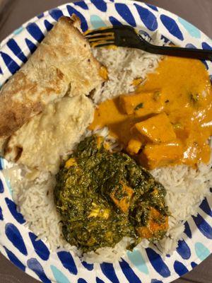 Chicken Tikka Masala and Chicken Tikka Saag curries with rice and Garlic Naan