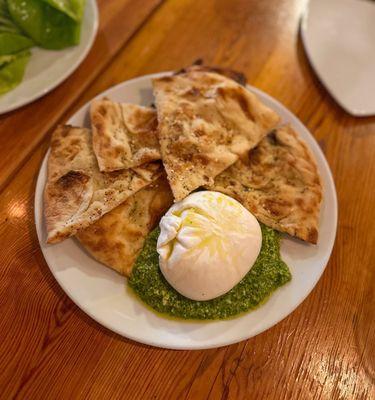 Burrata, arugula pesto, everything flatbread