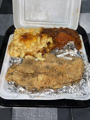 Fried whiting, Mac & cheese, and Candied yams