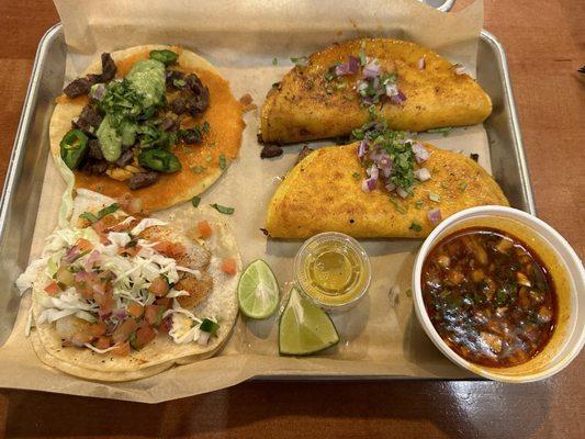 I wanted to try everything. Top left Cooks Taco, Bottom Left Baja Fish Taco, Right side 2 Quesabirria Tacos with Consomé.