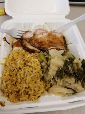 Global option of the day. Roasted pork tenderloin w/ balsamic glaze with Spanish rice & braised cabbage as my sides