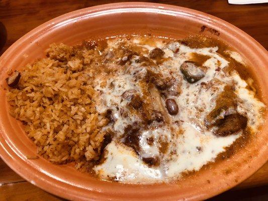 Rice, Chile Relleno, tamale with melted cheese