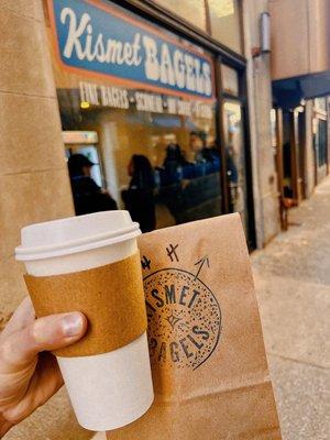 Coffee and bagel in hand!