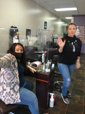 The lady sitting down is Alyssa , she's the one who did my eyebrows . The blonde lady was the aggressive one.