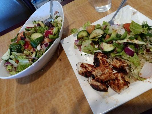 Chicken kebab, fatoush salad, rice, garlic sauce