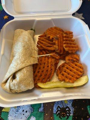 Chicken Sandwich wrap with Waffle-Cut Sweet Potato Fries!