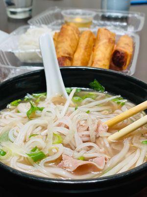 Kid size rare steak pho Fried egg rolls