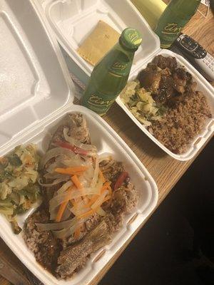 Red Snapper Escovich Style with Oxtail Gravy over Rice and Peas w Cabbage. Curry Chicken Patties. Jerk chicken plate with 2 rings!