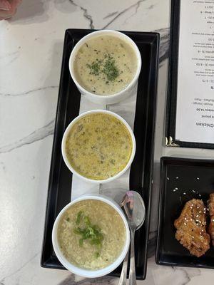 Soup trio - changes daily.  This is clam chowder, sausage and potato, and egg drop