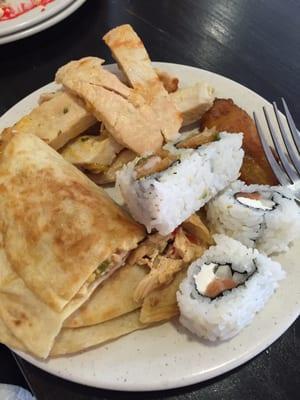 Chicken quesadilla, "Italian" chicken, plantain, tempura n salmon sushi