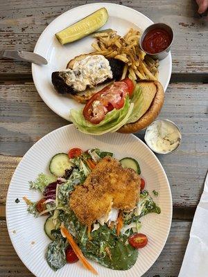 The top picture is the blackened fish sandwich and the bottom picture is my salad with the fish of the day fried on top.