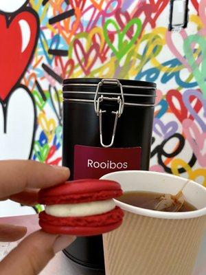 Hot Red Rooibos with a red velvet macaron