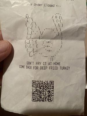 Turkey on receipt.