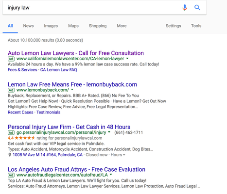 Your company is showing up on Google Search Ads when I do a search for Injury Lawyers. Contact me at jdb.market@gmail.com to do better ads.