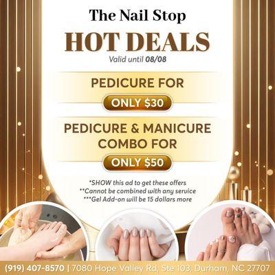 HOT DEALS 

Treat yourself to a relaxing pampering with our fabulous pampering services at a special price at The Nail Stop!