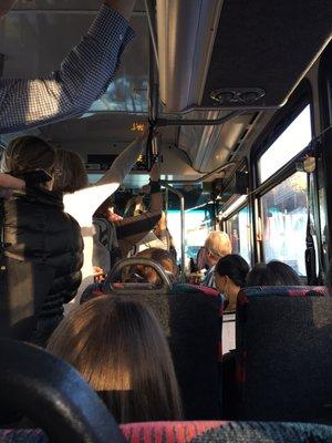 Always crowded V bus, people standing (and falling over). For some reason AC Transit keeps sending small buses on the V route.