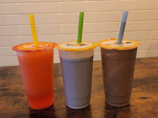 Watermelon slushie, taro smoothie & mocha frappe