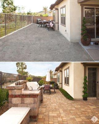 Before and after of a full outdoor living remodel. The project features a paver patio, al fresco dining area and new BBQ grill.