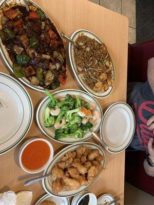 Pepper steak, sweet and sour chicken, and shrimp and broccoli