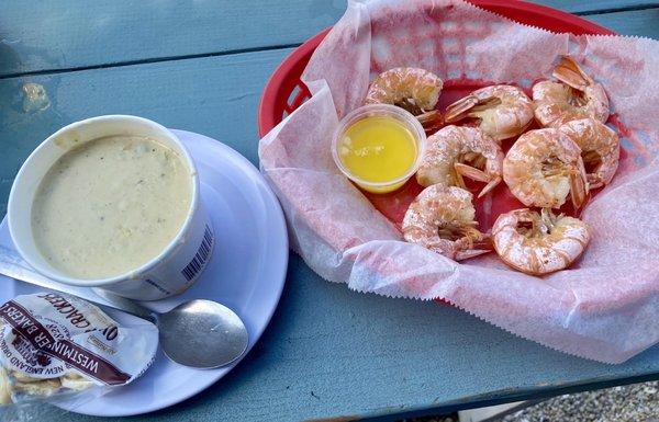 Cream of crab soup, and Ruby red shrimp w/ drawn butter