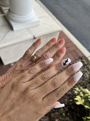 Gram and I Nails.  White : SNS Orange: regular polish