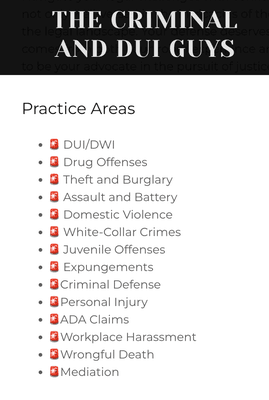 Our practice area include 
Assault
Drug Offenses
DUI/DWI
Domestic Violence
Theft and Burglary