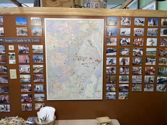 Soapy's wall of favorite places to visit in the are( brilliant for tourists)