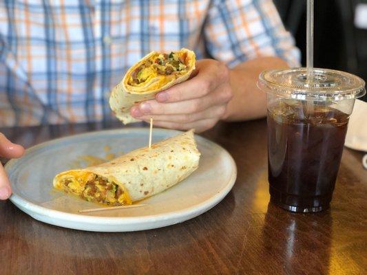 Chorizo burrito, cold brew.