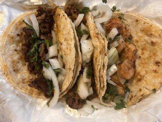 Beef, chicken, shrimp tacos