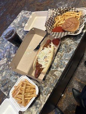 Fries, foot long hotdog with chili & slaw, double stack cheeseburger (burgers & hotdogs always come with fries)