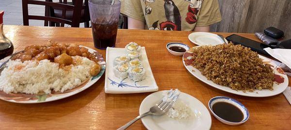 Sweet and sour chicken, California roll, ham fried rice