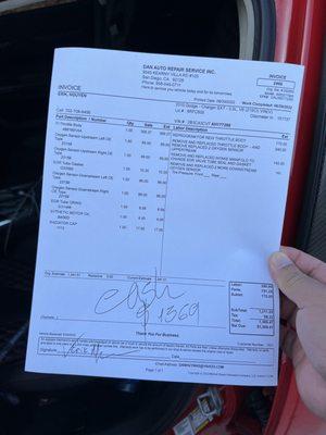 Invoice from Dan s auto repair and Service